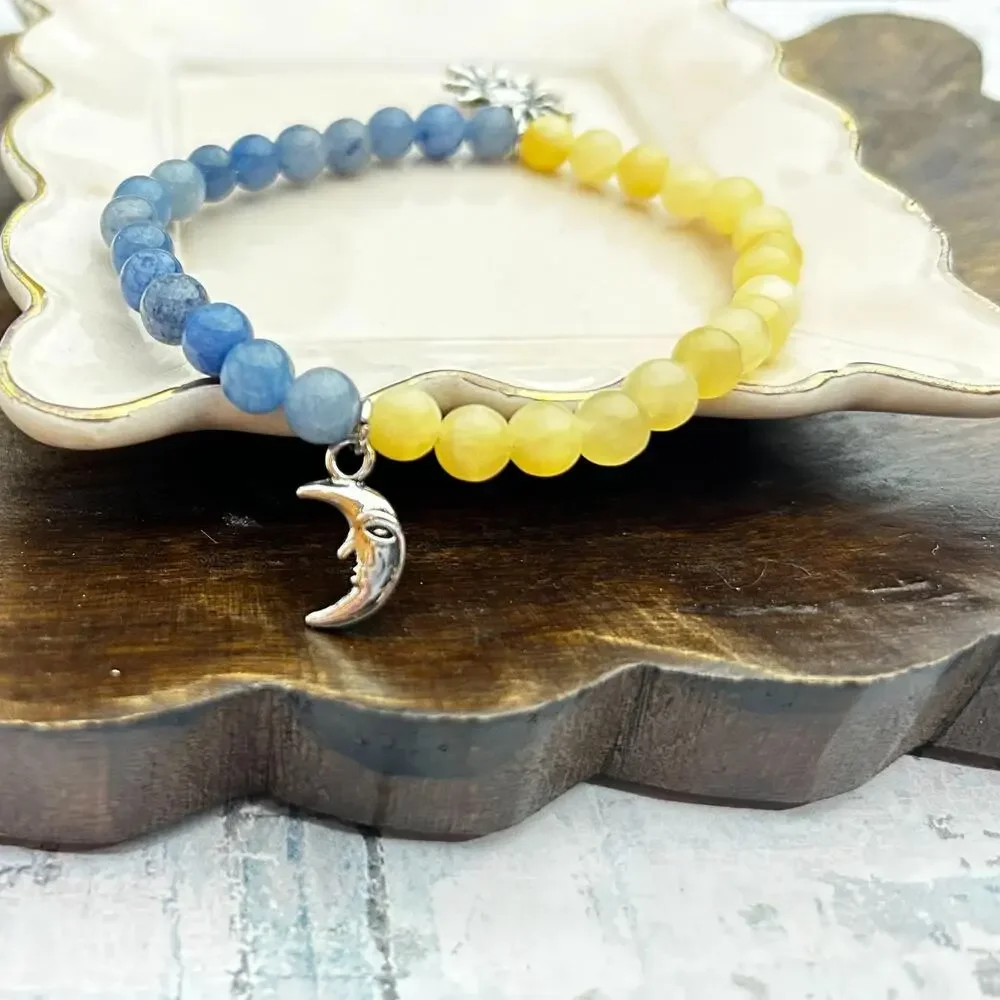 Sun Moon Bracelet Blue Aventurine Yellow Jade Stretch Beaded Celestial Jewelry